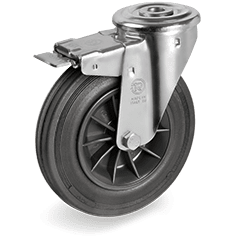 Серия 52 Въртящи колела с отвор и спирачка на NL вилка, черна гума/полипропилен - Tellure Rota Ф180мм. 